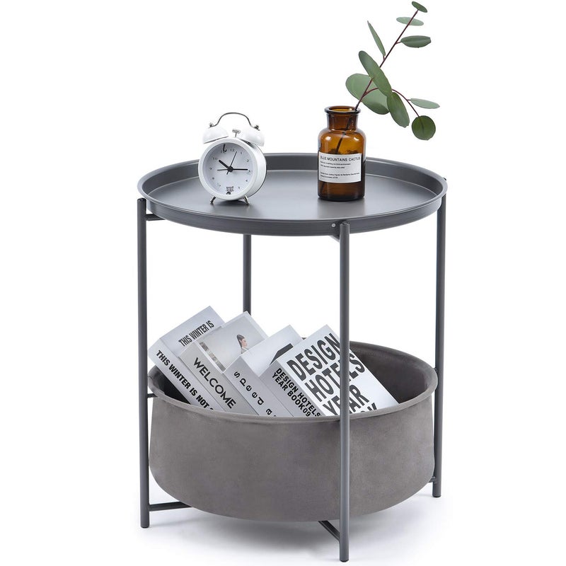 TOOLF End Table, Metal Nightstand, Coffee Round Table, Sofa Side Snack Table with Detachable Tray Top and Fabric Storage Basket, Scandi Style Table for Living Room Bedroom (Dark Grey) - Image 1
